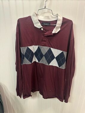 PacSun Men's Burgundy Long-Sleeve Polo with Argyle Chest Stripe
